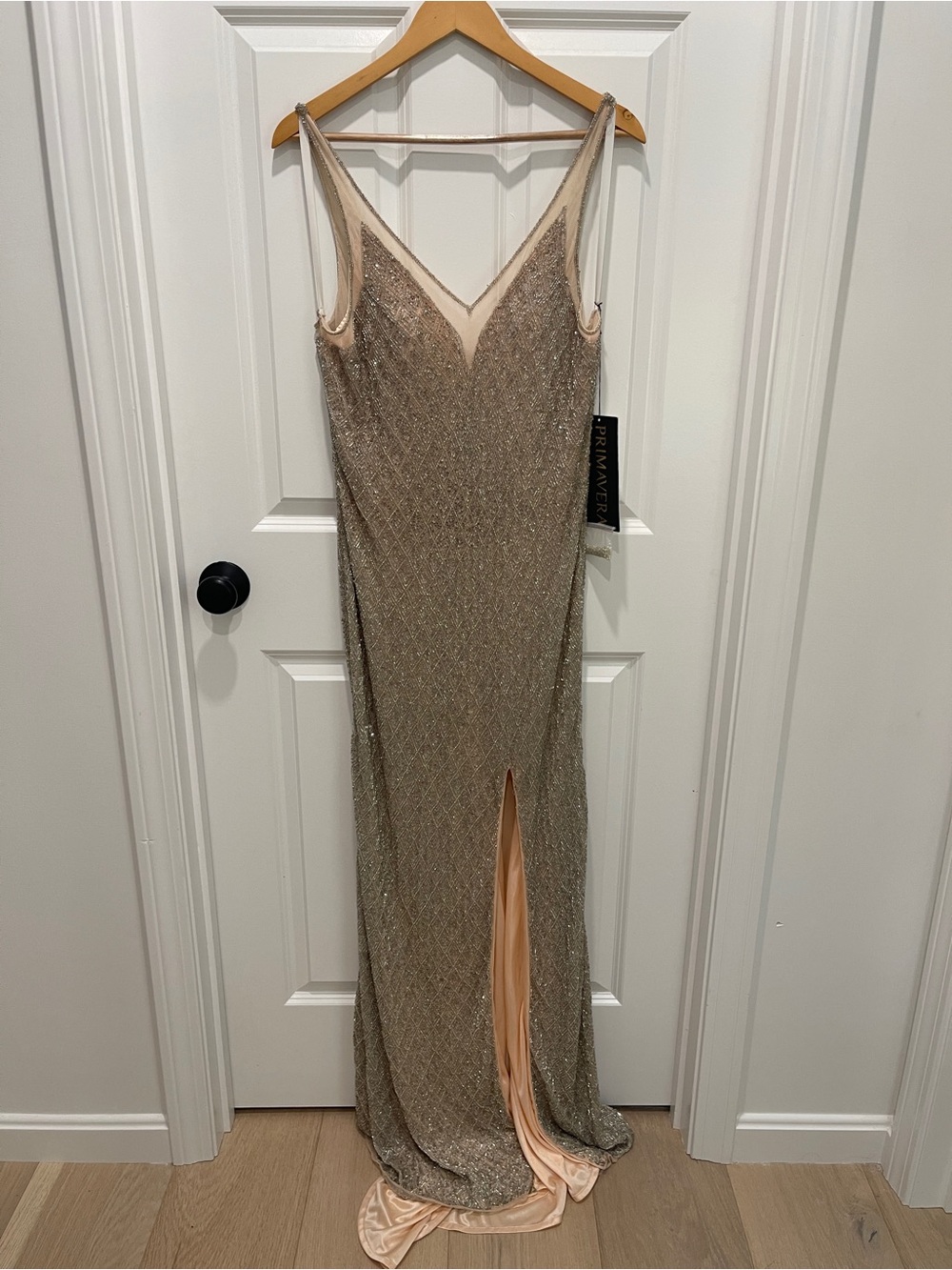 NWT Primavera Couture Champagne Sequin Maxi Gown - Picture 2 of 13